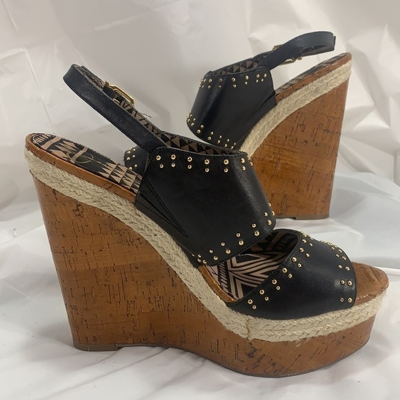 JESSICA Simpson Geno Cork look Platform Wedge Leather Studded Buckle Size 10B - Picture 7 of 12